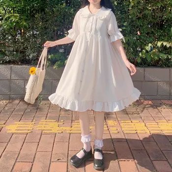 2021 ญี่ปุ่น Lolita รูปแบบหน้าร้อนผู้หญิงชุดขาวปีเตอร์แพนเว้นสร้อยคอสูงเอวปล่อยชุดลุนที่แขนปาร์ตี้น่ารัก Kawaii ชุด