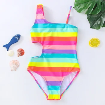 2022 ผู้หญิงเข้าไปในชุด....หนึ่งชิ้นส่วน Striped ตัดออก Swimwear อง 3-10years ตัวเฉียง shouldered ชุดว่ายน้ำสายรุ้งเด็ก Swimwear