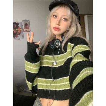 Deeptown Y2k Harajuku สีเขียว Striped Cropped เสื้อผู้หญิง Kpop Knitted วินเทจมีความหมากกระโดดเกาหลีเป็นสไตล์ฤดูใบไม้ร่ Streetwear Pullover