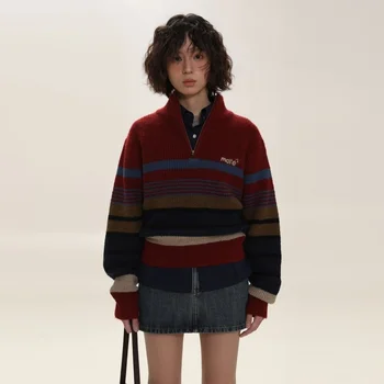 Deeptown Y2k วินเทจ Striped เสื้อผู้หญิง 2000s Aesthetic Knitted กกระโดดเสื้อคอเต่า Streetwear เกาหลีแฟชั่น Pullover ฤดูใบไม้ร่วง