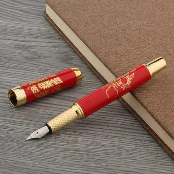Elegante พุปากกาของจีนสีแดงน้องลายครามโลหะทองมังกรปานกลาง Nib เครื่องเขียนนักเรียนห้องอุปกรณ์การเรียนหปากกาหมึก