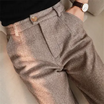 Herringbone Woolen กางเกงของผู้หญิง Harem ดินสอนกางเกง 2022 ฤดูใบไม้ร่วงฤดูหนาวสูง Waisted ปกติกับชุดสูทกางเกงในออฟฟิศหญิงผู้หญิงกางเกง