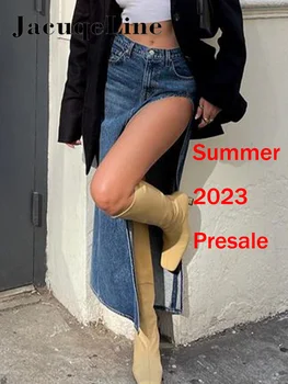Jacuqeline น้อยเอวเซ็กซี่โรแยก Denim Skirts ผู้หญิงโปรแกรมเล่นสื่อมิดี้เพียงน้อยนานโครงกระโปรง y2k นเรโทรสีน้ำเงิน 2023 หน้าร้อน Presale Streetwear