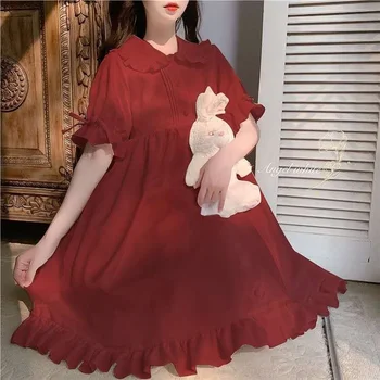QWEEK อ่อนผู้หญิง Lolita ชุด Kawaii ปีเตอร์แพนเว้นสร้อยคอน่ารัก Ruffle พัฟที่แขนสีดำสีชมพูชุดสีแดง 2021 หน้าร้อน Sundress ญี่ปุ่น