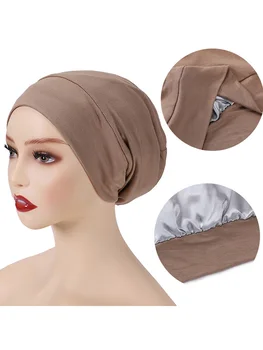 Satin จ่อรออยู่ Hijab หมวกฝากระโปรงผมหมวกสเลเยอร์นอนหลับคืนหมวกหัวหมุสลิมแฟชั่นนิวเจอร์ซีย์แท Hijab หมวก Islamic องใส่หัว
