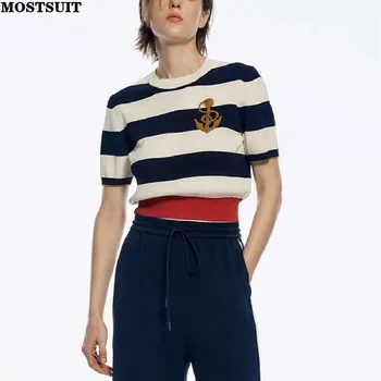Stylish แฟชั่น Striped Knitted Tshirt นอย่างผู้หญิงเสื้อ Tees 2023 หน้าร้อนสั้นแขนโอ-คอสี-ปิดกั้นส Knitwear