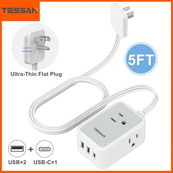 TESSAN Ultra บางปลั๊กออกแบพลังถอดเสื้อผ้ากับ 3 Outlets 2 พอร์ต USB ท่าเรือ 1 ประเภทซีเล็กๆพวกเราจะเชื่อพลังถอดเสื้อผ้ากับ 5 FT งขนาดต่อสายไฟ