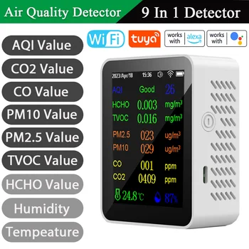 Tuya คุณภาพอากาศข้างมิเตอ 9in1 PM2.5 PM10 เพื่อนร่วม CO2 TVOC HCHO AQI อุณหภูมิและชุ่มชื่นอ Tester CO2 มิเตอร์คาร์บอนผมก็อาจจะสนใจอาชีพสืบส Dioxide