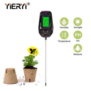 Yieryi 5 ใน 1 ดิน PH มิเตอร์ Tester ดิจิตอลอุณหภูมิ/ชุ่มชื่น/แสงอาทิตย์/วามชื้นสวนดิน Acidity Analyzer สำหรับฟาร์มปลูกต้นไม้