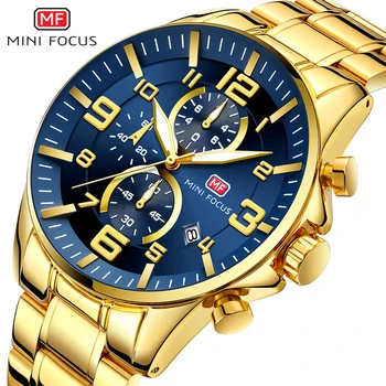 มินิสนใจคนเป็นธุรกิจควอทซ์นาฬิกา Stainless ธุรกิจ Chronograph ดูทองสีน้ำเงิน Relogios Masculino ด้านบนนาฬิกาแบรนด์ 0278G