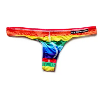 สายรุ้งสีของมินิบิ Mens Thong Swimwear สุดเซ็กซี่เกย์ว่ายน้ำชุดชั้นใน Tanga Pouch มเซ็กซี่โดยเฉพาะบนใบหน้าขอเข้าไปในชุด....T-กลับมากางเกงใน Desmiit